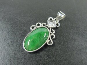 [ Vintage jewelry ]Pm/850 oval kaboshon cut ..1P diamond design platinum pendant top 2.9g J372