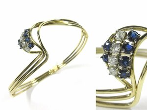 18K YG 4P Diamond 6p Blue Sapphire Yellow Gold Design Bangle Внутренняя окружность 17,5 см 16,8G TWD гравированная J346