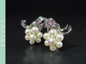 [TASAKI]K14WG 4.8mm~6.3mm round Akoya pearl ruby bouquet motif white gold clip type earrings 11.4g J387