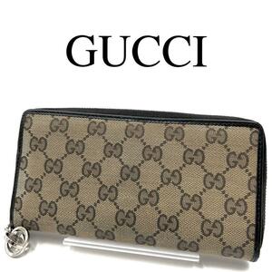 GUCCI グッチ 長財布 GGキャンバス インターロッキング ラウンド レザー