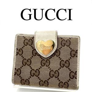 GUCCI グッチ 折り財布 GGキャンバス GG柄 ハート ロゴ金具 レザー