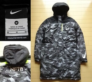 ※小穴補修有り【NIKE】NFTB カモフラ柄 ベンチコート ブラック×グレー系迷彩 SIZE:MEDIUM (ナイキ,防寒,サッカー,フットサル)