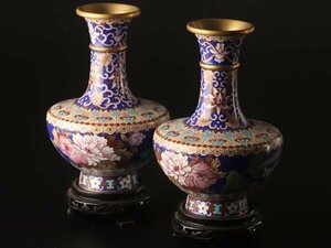【流】中国 七宝花瓶一対 高20cm 台付 KV036