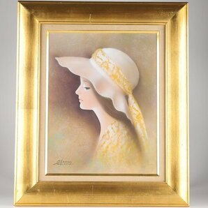 【流】中原修 油彩画「帽子の女」額 KV161の画像3