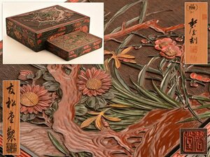 [.].. lacquer Ishii .. work .. carving coloring carving library inkstone case also box DH786