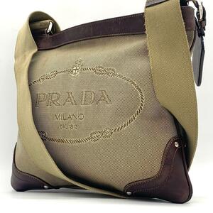 ●美品●PRADA プラダ ショルダーバッグ ロゴジャガード レザー キャンバス モノクローム サコッシュ 白タグ メンズ レディース ビジネス