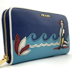 入手困難【希少カラー】プラダ PRADA 長財布 1M0506 ラウンドファスナー ジップ マーメイド 人魚 ビーチガール ブルー メンズ レディース