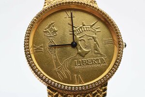 美品 リバティ 自由の女神 ラウンド ゴールド クォーツ 腕時計 LEBERTY