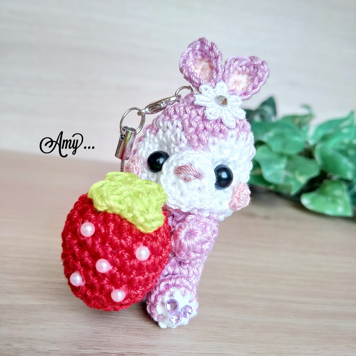 ■Amy... Amigurumi Plump Pearl Strawberry Hug★Strap♪Purple Free Shipping Handmade♪, toy, game, stuffed toy, Amigurumi