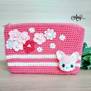 #Amy... knitting pink flower * passbook pouch! free shipping hand made!