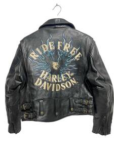 Harley-Davidson ハーレーダビッドソン RIDEFREE シングル 襟付き ライダースジャケット レザー 袖プリ 刺繍 ファイヤーパターン 黒 L