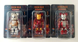 送料220円～☆希少!Happyくじ MARVEL Infinity SAGA アイアンマン IRON MAN BE@RBRICK ベアブリック賞「Mark1・3・5」フィギュア 3種セット