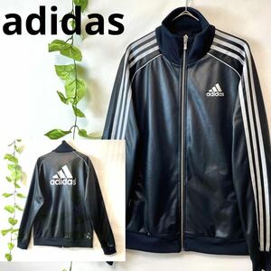 極美品/adidas アディダス/レザー調/とろみ光沢/トラックジャケット ジャージ ラミネート加工 黒ブラック バックロゴ 両面ロゴM メンズ