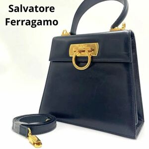 Ferragamo サルヴィトーレフェラガモ 2way ショルダーバッグ ハンドバッグ ガンチーニ金具 内側総柄 カーフレザー 本革 ダークネイビー