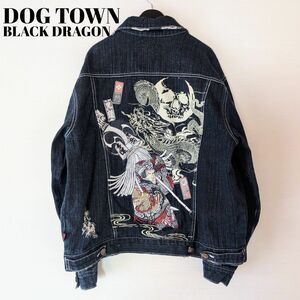 【美品訳有】 DOG TOWN 黒龍 デニムジャケット XL メンズ 刺繍 和柄 龍 スカル ドッグタウン Gジャン 大きいサイズ