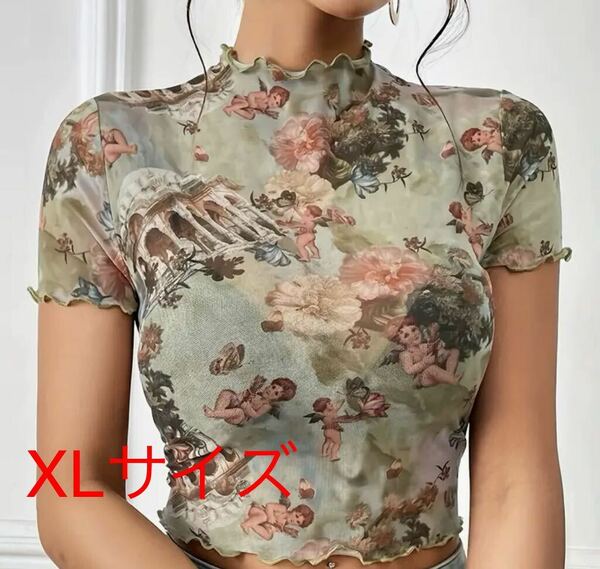 Tシャツ 総柄プリント レタストリム クロップ モックネック グリーン XL