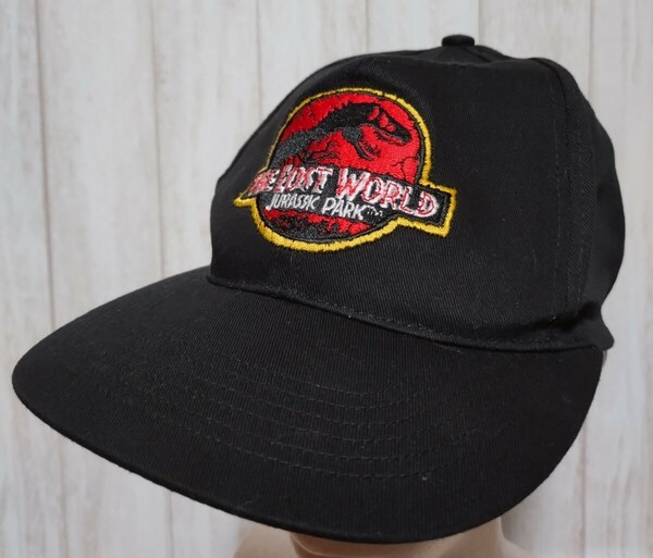 90sThe Lost World Jurassic Park ジュラシックパーク ヴィンテージ ロゴ刺繍 ムービー キャップ CAP 帽子 ハット ブラック 黒 希少 レア