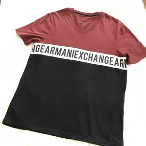 ★ ARMANI EXCHANGE アルマーニエクスチェンジ A|X ロゴ 黒 白 ワインレッド 切り替え Vネック 半袖 Tシャツ S ６ZZTDA ★