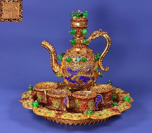 ■観心・時代旧蔵■C2965清時代 乾隆年製 銅塗金絲象嵌古翡翠茶壺一套・時代物・古陶磁・古賞物・旧家買出品