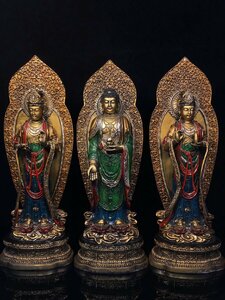 ■観心・時代旧蔵■C4474清時代 仏教古美術 チベット密教 銅彩絵西方三聖仏像