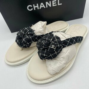 ω綺麗【CHANEL シャネル カメリアトングサンダル 16S G31577 Size37 JP23.5cm ツイード ブラック ホワイト レディース フラット】KH10669