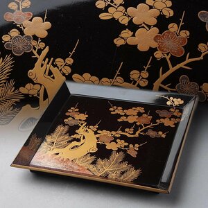 JK284 時代蒔絵 木地 黒漆塗 松梅蒔絵四方盆 幅19.5cm 重80g・松梅金蒔絵盆・香盆・菓子盆