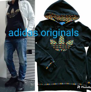 希少　美品　アディダス　adidas オリジナルス トレフォイル パーカー プルオーバー　Mサイズ ネイビー