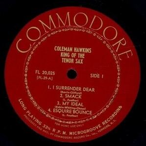 52年 US10インチ！DG 深溝 MONO盤 Coleman Hawkins / King Of The Tenor Sax【Commodore / FL 20,025】コールマン・ホーキンス ジャズの画像2