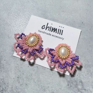 No.495 ハンドメイド　フリンジ　フリル　ビーズ刺繍　ピアス　イヤリング