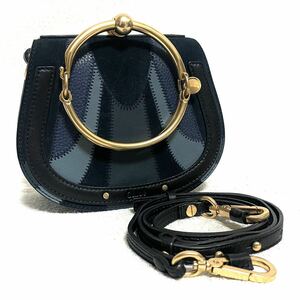 未使用に近い Chloe クロエ ナイル 2way ショルダーバッグ ハンドバッグ アクセサリーポーチ ブルー系 レディース ゴールド金具 レザー