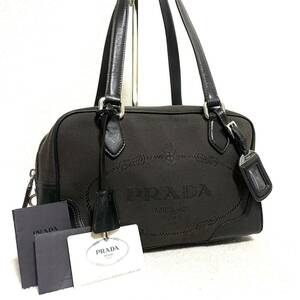 1円スタート！ 超美品 PRADA プラダ ロゴジャガード キャンバス レザー ミニボストン ショルダーバッグ ハンドバッグ ギャランティカード付