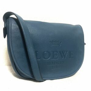 1円スタート！ 超美品 LOEWE ロエベ ヘリテージ レザー ショルダーバッグ 斜め掛け アナグラム ブルー系 ハーフムーン メンズ レディースの画像1