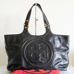 ★綺麗★TORY BURCH　トリーバーチ　トートバッグ　オールレザー　ボンベ レディース　婦人鞄　ブラック　人気ブランド　デカロゴ　肩掛け