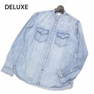 DELUXE デラックス 通年 ヴィンテージ加工★ 長袖 スタンドカラー ウエスタン デニム シャツ Sz.L　メンズ　I4T01079_3#C