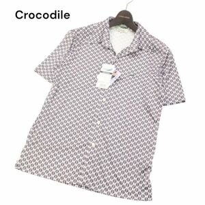 【新品 未使用】 Crocodile クロコダイル 春夏 ワニ ロゴ刺繍★ 総柄デザイン 半袖 シャツ Sz.M　メンズ　I4T01186_4#A