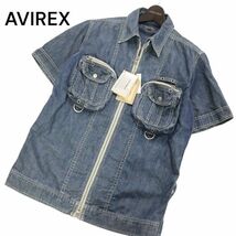 【新品 未使用】 AVIREX アヴィレックス 春夏 ヴィンテージ加工★ マルチポケット 半袖 ジップ デニム シャツ Sz.L　メンズ　I4T01154_4#A_画像1