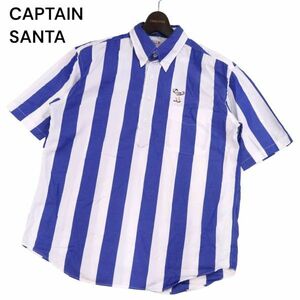 CAPTAIN SANTA キャプテンサンタ 春夏 サンタ刺繍★ 半袖 BD ストライプ プルオーバー シャツ Sz.M　メンズ 日本製　I4T01193_4#A