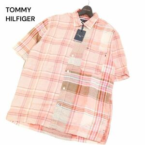 【新品 22SS】 TOMMY HILFIGER トミーヒルフィガー 春夏 リネン★ 半袖 ブロッキング チェック シャツ Sz.M　メンズ 未使用　I4T01248_4#A