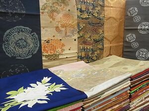 平和屋川間店■名古屋帯 まとめて100点 鶴 鳥獣 人物 風景 更紗 花柄 七宝 アンティーク 型染め 金銀糸 など 未使用品あり 全て正絹 4k085