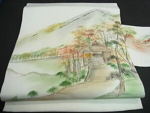 平和屋川間店■塩瀬　九寸名古屋帯　作家物　手描き　遠山風景草木文　逸品　vf4361