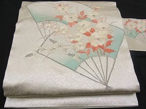 平和屋川間店■九寸名古屋帯　総刺繍　扇面花文　銀糸　逸品　n-pk0949