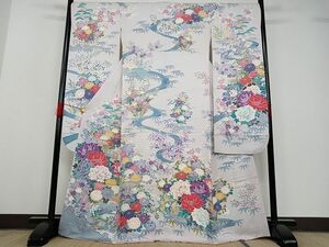 平和屋-こころ店■豪華振袖　友禅　渡橋草花文　正絹　逸品　AAAC9292Bnp