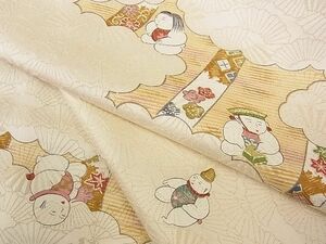 平和屋川間店■上質な小紋　手描き　唐子花文　金通し地　着丈163cm　裄丈63.5cm　正絹　逸品　A-ta3343