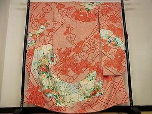 平和屋川間店■豪華振袖　駒刺繍　絞り　扇面花文　金彩　着丈158.5cm　裄丈66.5cm　正絹　逸品 A-ja2849