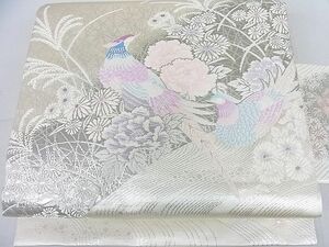 平和屋2■九寸名古屋帯　流水花鳥文　銀糸　逸品　DAAA7242sf