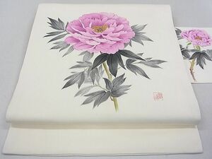 平和屋2■塩瀬　九寸名古屋帯　作家物　手描き　草花文　逸品　DAAA8385fe