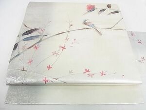 平和屋2■九寸名古屋帯　刺繍　枝花に休み鳥　金糸　引箔　逸品　DAAB3687op