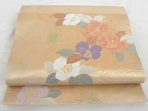 平和屋-こころ店■九寸開き名古屋帯　草花文　金糸　正絹　逸品　AAAA2684Bdk