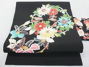 平和屋2■塩瀬　九寸名古屋帯　花丸文　黒地　金彩　逸品　DAAA8583fe