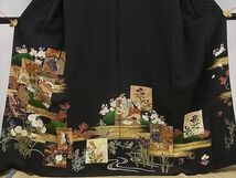 平和屋野田店■豪華黒留袖　作家物　駒刺繍　源氏物語　金彩　逸品　BAAC1862hj_画像3